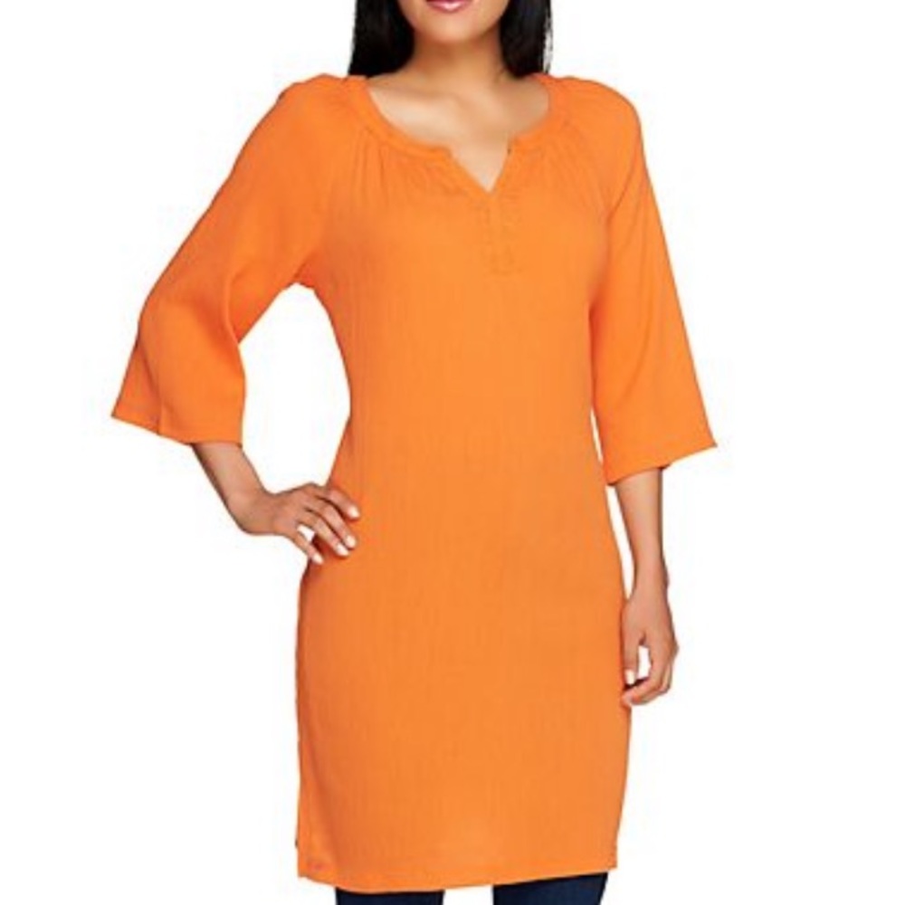 Denim & Co. 3/4 sleeve embellished gauze tunic/coverup